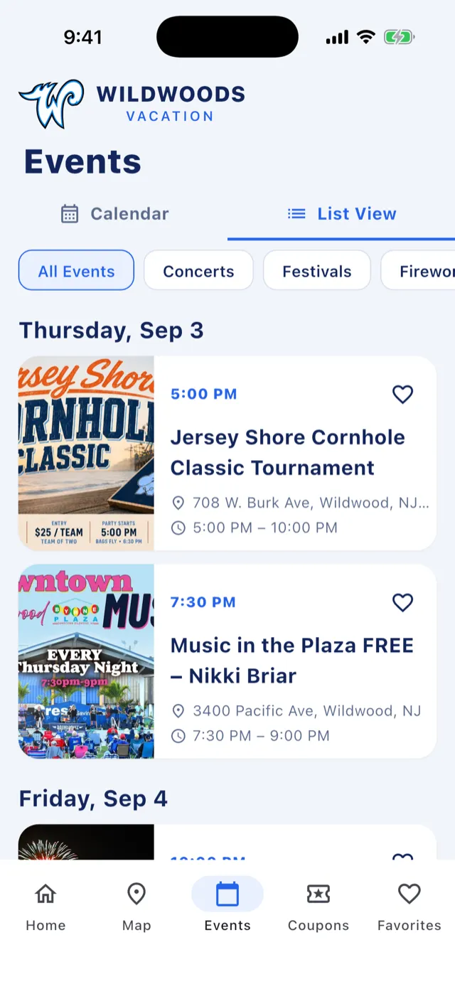 A list of upcoming Wildwoods events with times, addresses and event artwork.