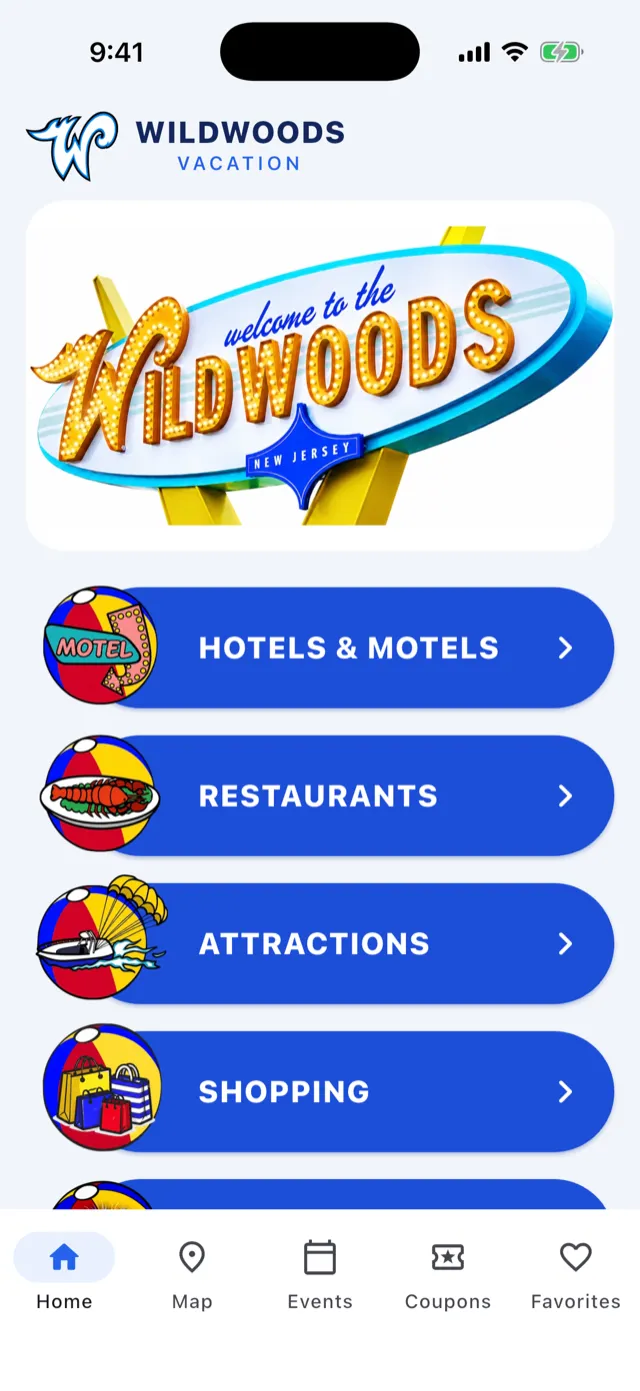 The Wildwoods app home screen, with the Wildwoods sign and category buttons for hotels, restaurants, attractions and shopping.