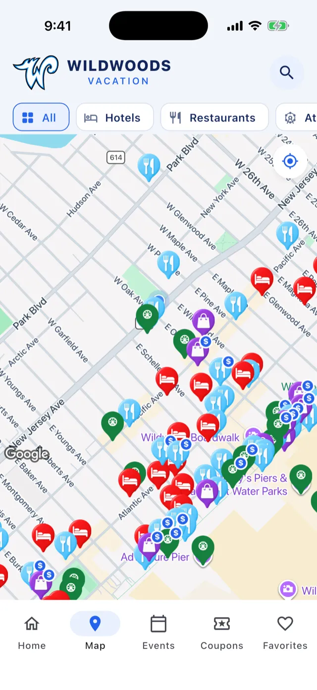 The app's map of the island, covered in pins for restaurants, hotels, shops and parking.